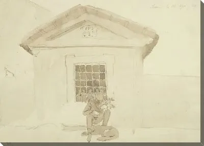 Спящий человек с собакой перед склепом в Неми