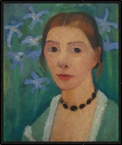 Автопортрет на зеленом фоне с синим ирисом 