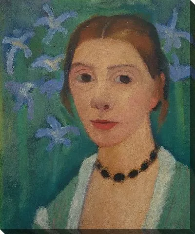 Автопортрет на зеленом фоне с синим ирисом 