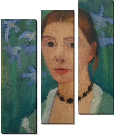 Автопортрет на зеленом фоне с синим ирисом 