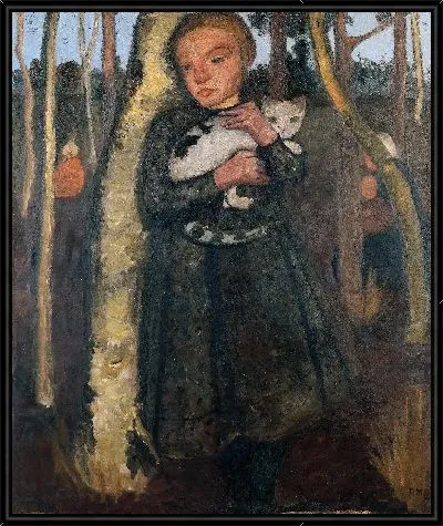 Картина Девушка в березовом лесу с кошкой 