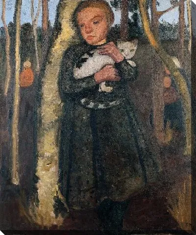 Картина Девушка в березовом лесу с кошкой 