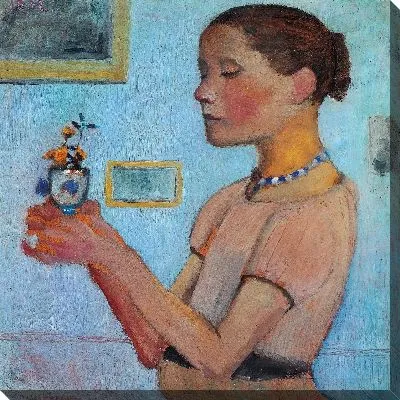 Картина Молодая девушка с желтыми цветами в стекле 