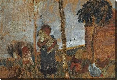 Дети и куры перед пейзажем 