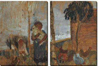 Дети и куры перед пейзажем 