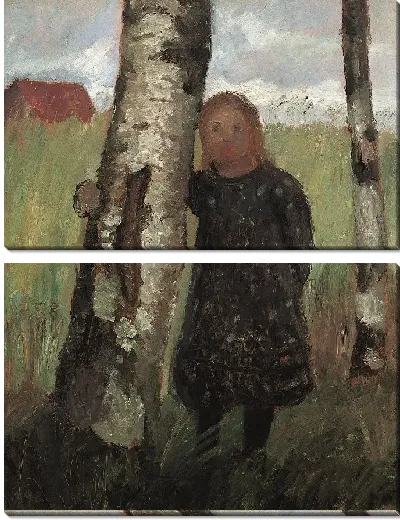 Картина Девушка на стволе березы перед кукурузным полем 