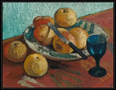 Натюрморт с яблоками и зеленым стеклом 