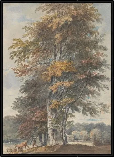 Картина Пейзаж с буковыми деревьями и человеком за рулем скота и овец 