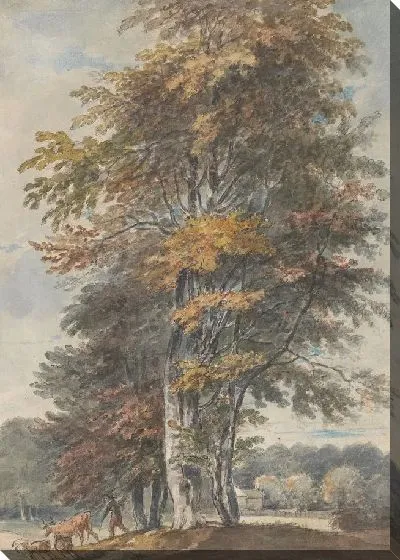 Картина Пейзаж с буковыми деревьями и человеком за рулем скота и овец 