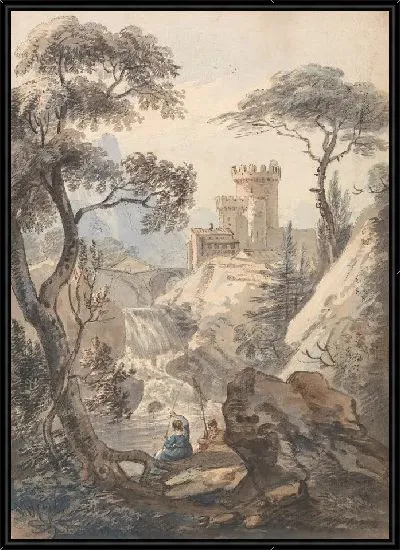 Картина Итальянский пейзаж с замком, каскадом и рыболовами 