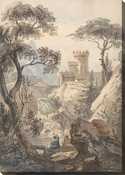 Картина Итальянский пейзаж с замком, каскадом и рыболовами 
