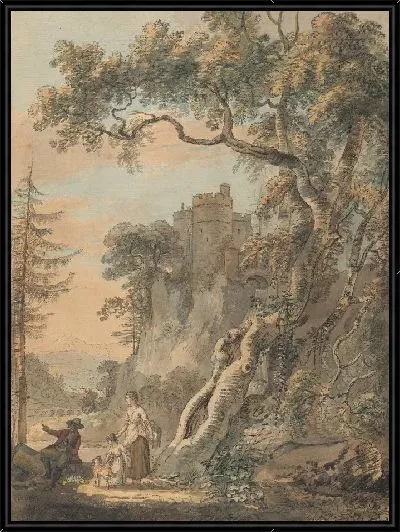 Картина Романтический пейзаж - Крестьяне у подножия замка на скале 