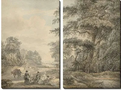 Картина Путешественники остановились в лесном ландшафте 