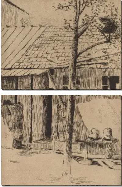 Картина Двор, ведра и дерево