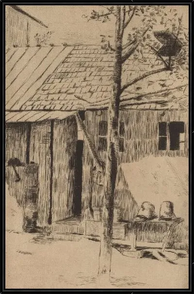 Картина Двор, ведра и дерево