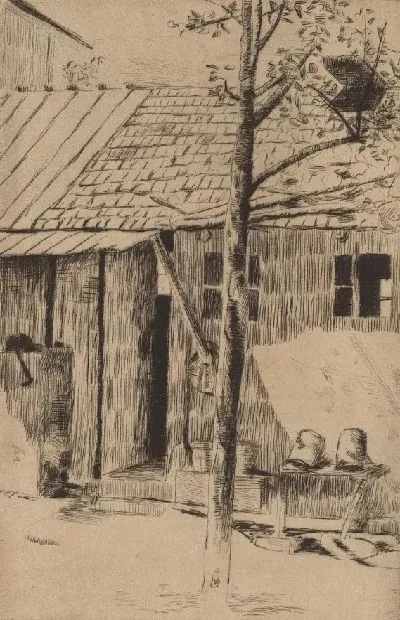 Картина Двор, ведра и дерево