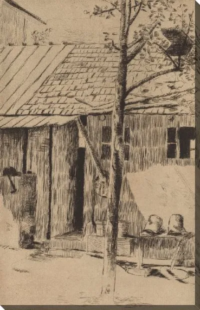 Картина Двор, ведра и дерево