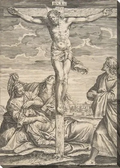 Картина Христос на кресте, святой Иоанн справа смотрит на него, слева-обморочная Дева Мария, поддерживаемая двумя женщинами