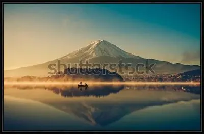 Картина Гора Фудзи сан на озере Кавагутико в Японии на восходе