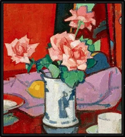 Розовые розы, китайская ваза
