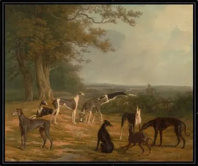 Девять борзых в пейзаже