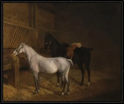 Серый пони и черный конь в конюшне