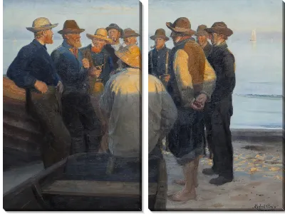 Рыбаки на пляже в тихую летнюю ночь