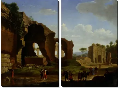 Римский вид руин храма Венеры и Рима с Колизеем и аркой Константина