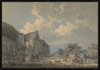 Картина Десятинный амбар в Эбботсбери с аббатством на холме…