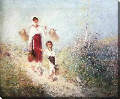 Землячка с деревянным ведром и ребенком