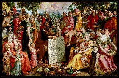 Моисей показывает израильтянам скрижали закона с портретами членов семьи Панхуйс, их родственников и друзей