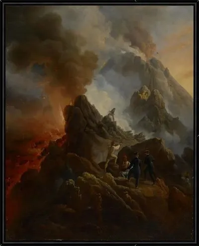 Картина Извергающийся Везувий, художник и его отец, Карл Верне, на переднем плане.