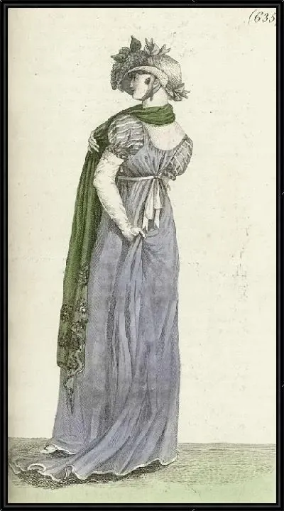 Картина Журнал «Дам и моды», Парижский костюм, 1805 год, 13 год (635) Белая соломенная шляпа …