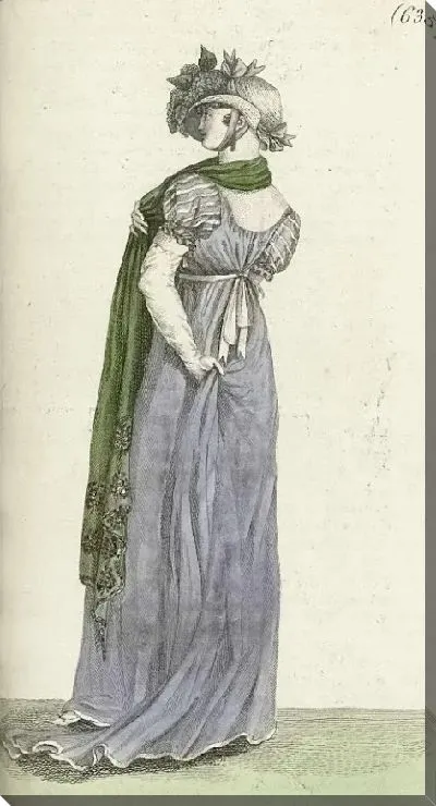 Картина Журнал «Дам и моды», Парижский костюм, 1805 год, 13 год (635) Белая соломенная шляпа …