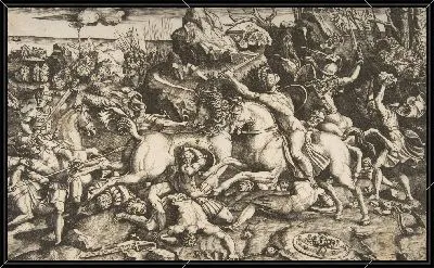 Батальная сцена в пейзаже с солдатами на лошадях и несколькими павшими мужчинами, еще одна группа всадников на заднем плане