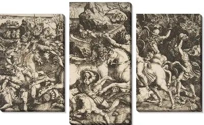 Батальная сцена в пейзаже с солдатами на лошадях и несколькими павшими мужчинами, еще одна группа всадников на заднем плане