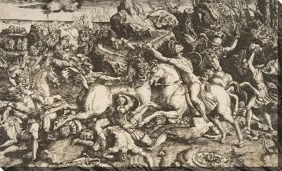 Батальная сцена в пейзаже с солдатами на лошадях и несколькими павшими мужчинами, еще одна группа всадников на заднем плане