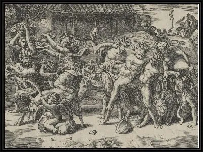 Процессия Силена которого везут на осле предваряется вакханалией играющей на цимбалах и других фигурах