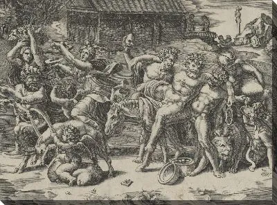 Процессия Силена которого везут на осле предваряется вакханалией играющей на цимбалах и других фигурах