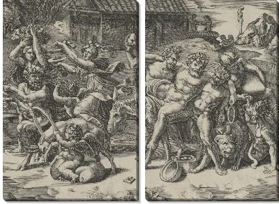 Процессия Силена которого везут на осле предваряется вакханалией играющей на цимбалах и других фигурах