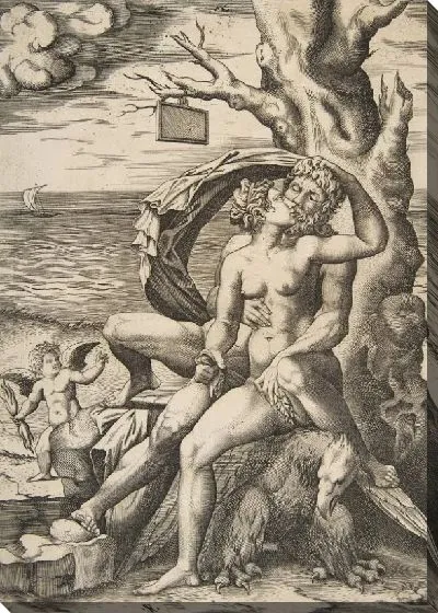 Картина Юпитер и Семела обнимаются, орел под ними, дерево справа с пустой табличкой, свисающей с ветки, крылатый путто держит молнию слева