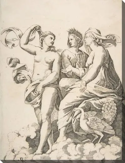 Картина Юнона, Церера и Психея беседуют в облаках, Юнона сидит с павлином у ее ног, Церера носит венок из пшеницы, а Психея частично обнажена и держит ткань