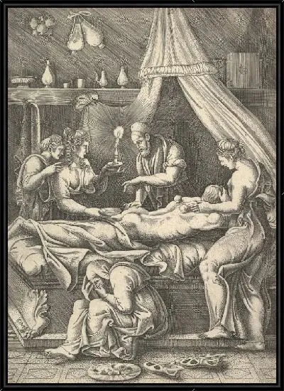 Картина Аллегория болезни: человек лежит на кровати в окружении фигур