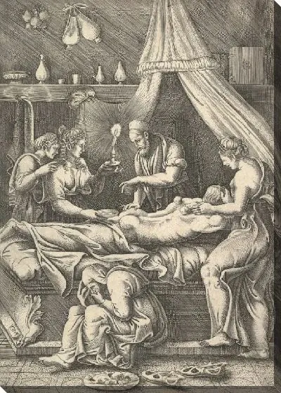 Картина Аллегория болезни: человек лежит на кровати в окружении фигур