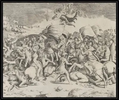 Константин побеждает тирана Максенция, ангелы с мечами летают над ним