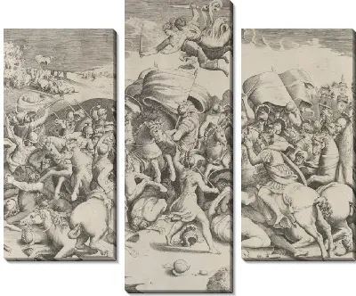 Константин побеждает тирана Максенция, ангелы с мечами летают над ним