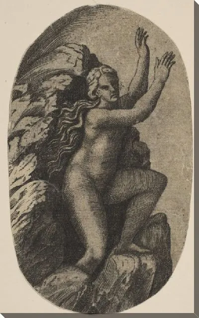 Картина Эвридика голая стоит на камне, ее руки подняты вправо