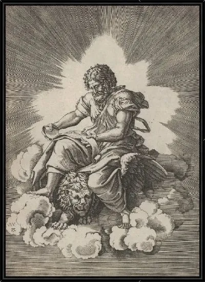 Картина Святой Марк, сидящий с развернутым свитком в руках, крылатая Львиная голова и передние лапы появляются под его одеждой из серии четырех евангелистов после Агостино Венециано, которые, в свою очередь, следуют за Джулио Романо