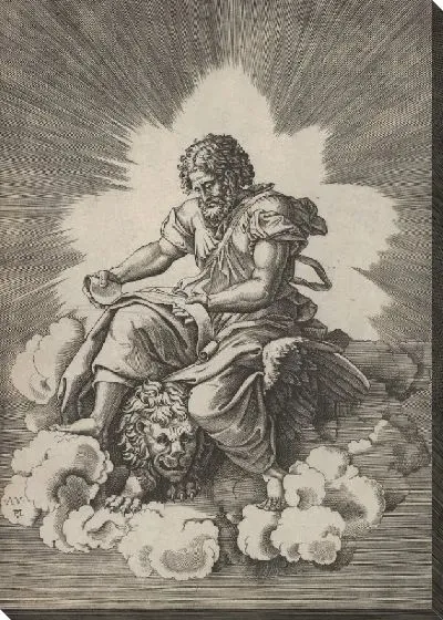 Картина Святой Марк, сидящий с развернутым свитком в руках, крылатая Львиная голова и передние лапы появляются под его одеждой из серии четырех евангелистов после Агостино Венециано, которые, в свою очередь, следуют за Джулио Романо