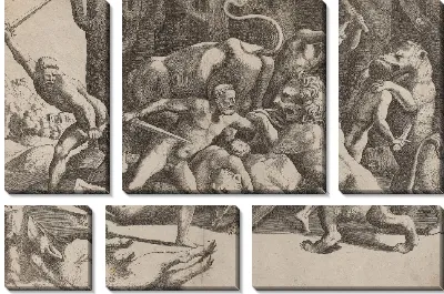 Картина Пять человек сражаются со зверями